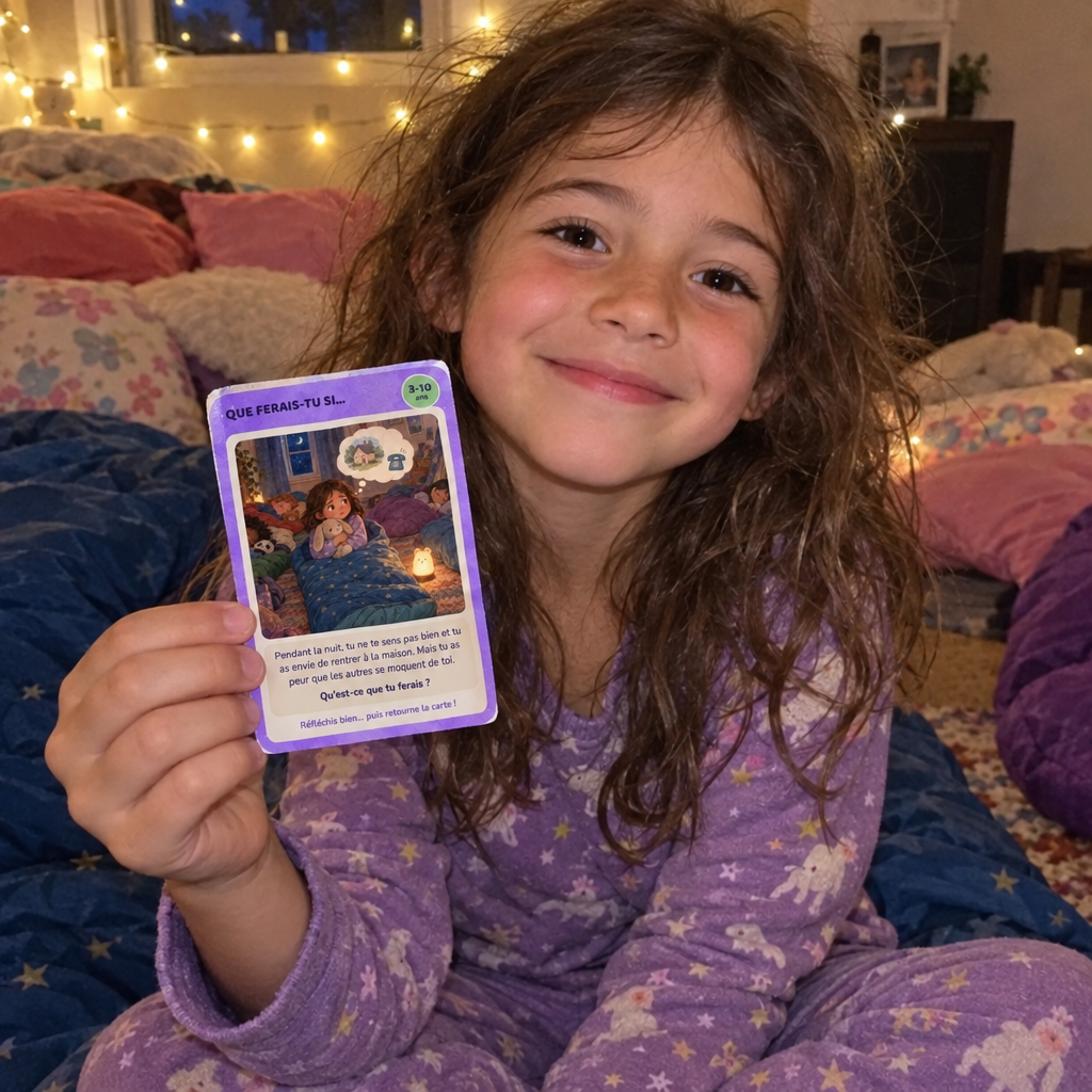 Enfant qui tient une carte du pack « Quand je ne suis pas là »